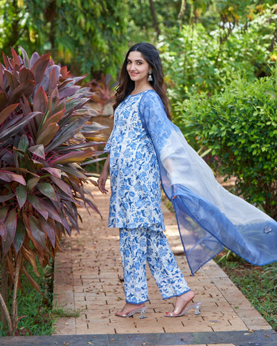 Fresh Blue Printed Cotton Suit Set