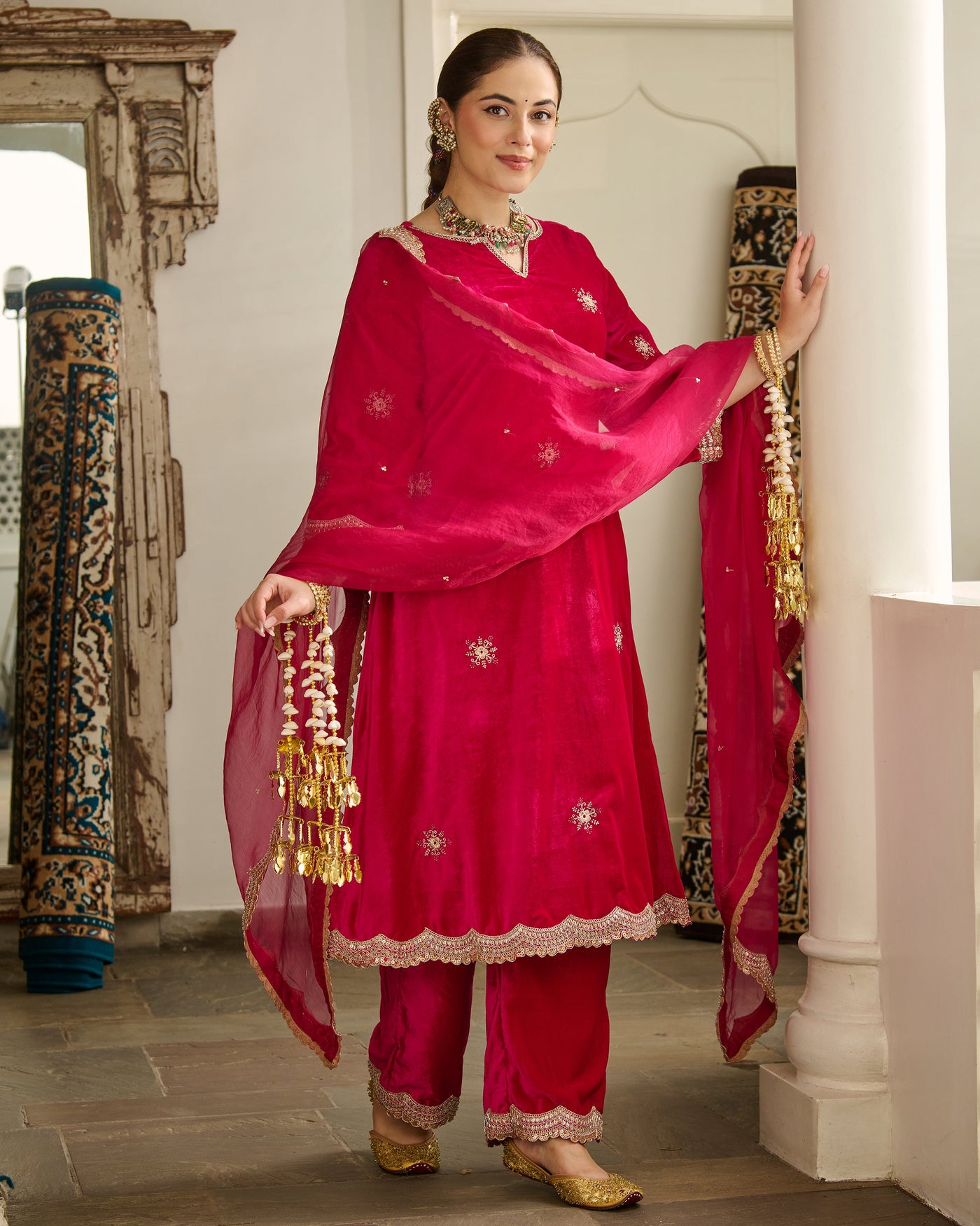 Siddhi Pink Embroidered Velvet Suit Set