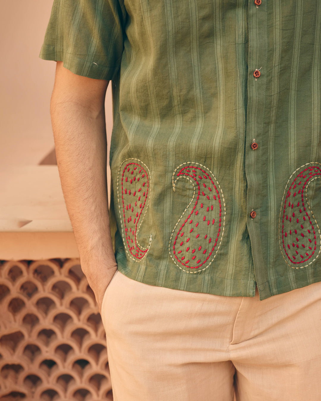 Garo Green Cotton Dobby Embroidered Shirt