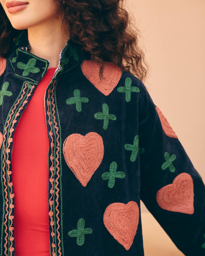Heart Navy Velvet Suzani Jacket