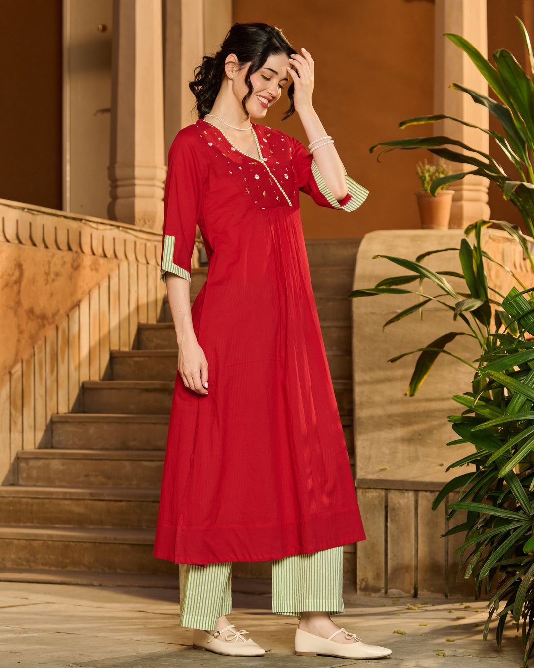 Alix Red Embroidered Cotton Kurta Set