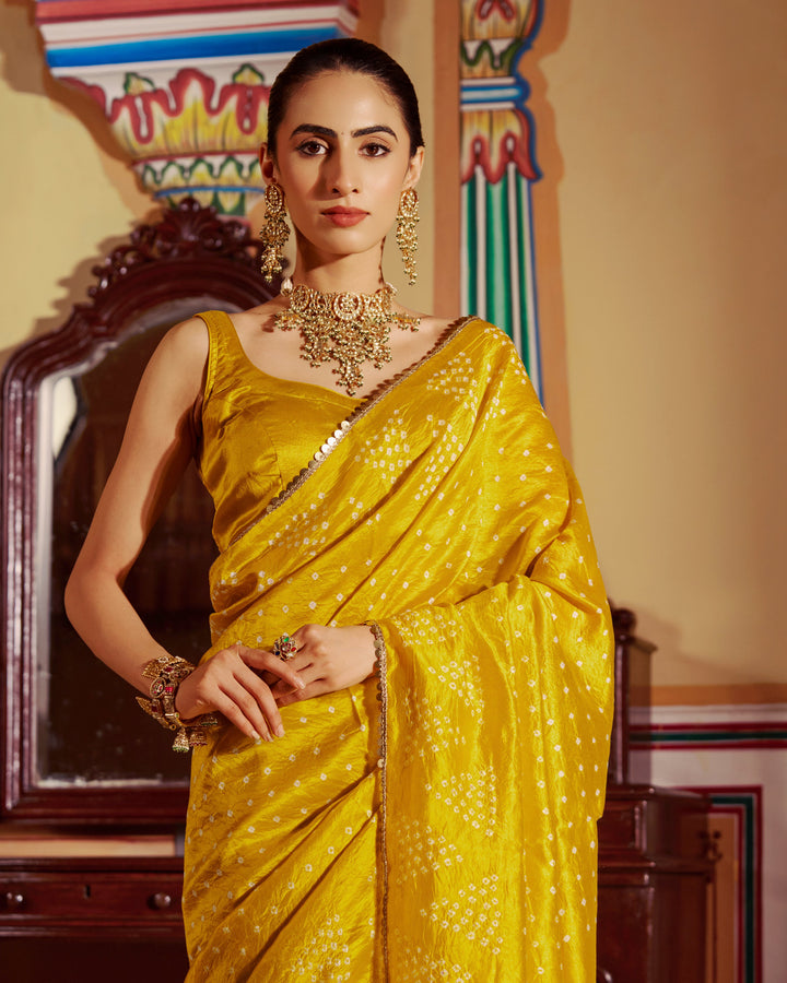 Ketaki Yellow Bandhej Silk Saree