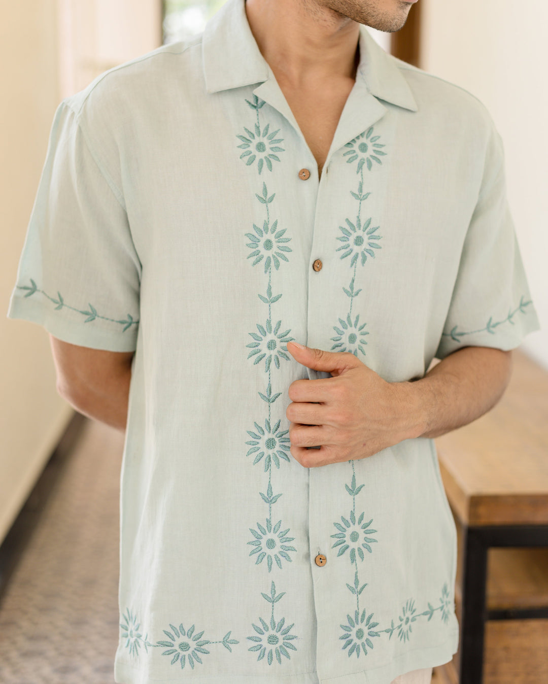 Kaiven Pastel Blue Embroidered Cotton Flex Shirt