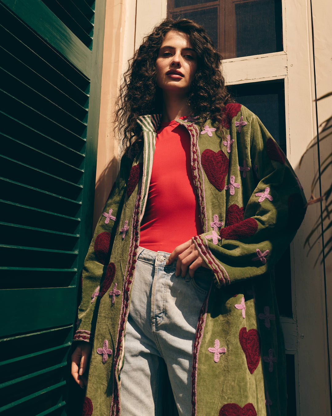 Verdant Sage Green Velvet Suzani Jacket
