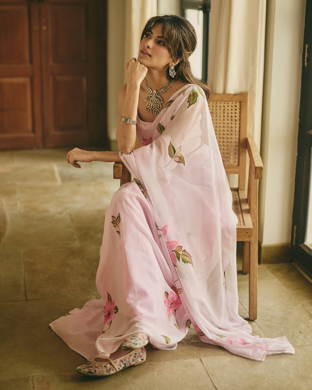 Vine Pink Handpainted Chiffon Saree