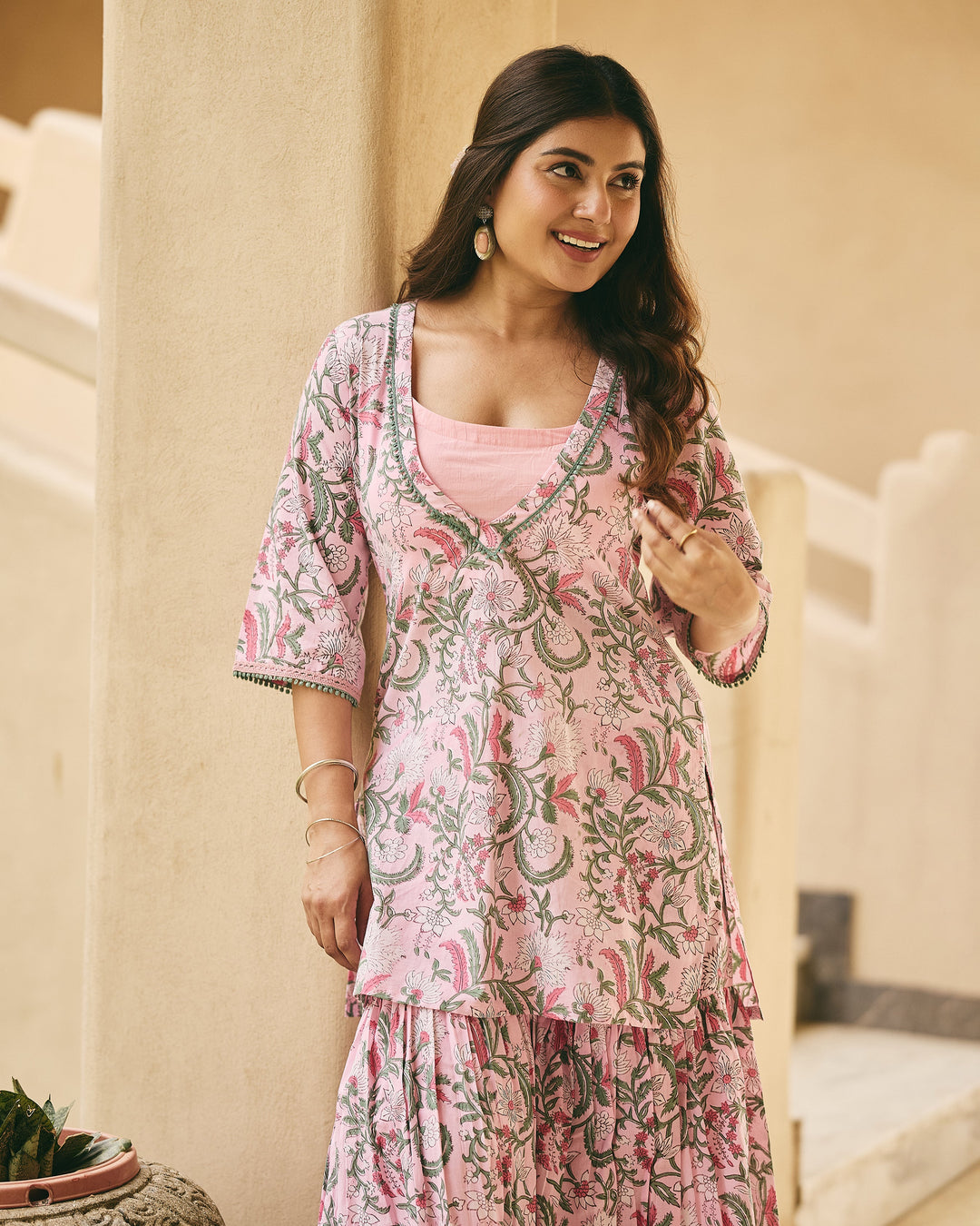 Ander Pink Cotton Printed Kurta Sharara Set