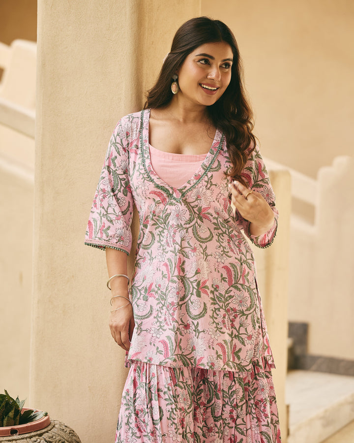 Ander Pink Cotton Printed Kurta Sharara Set