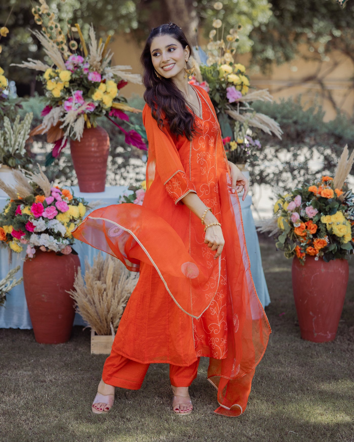 Saumya Orange Bandhani Chanderi Suit Set