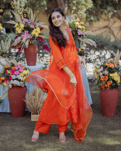 Saumya Orange Bandhani Chanderi Suit Set