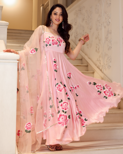 Pink Marble Handpainted Dupatta