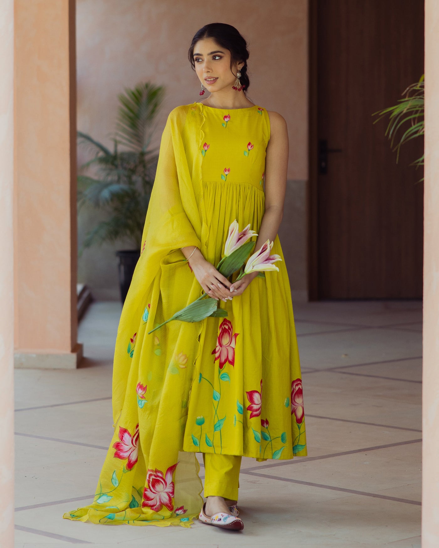 Sorbet Lime Green Handpainted Cotton Suit Set