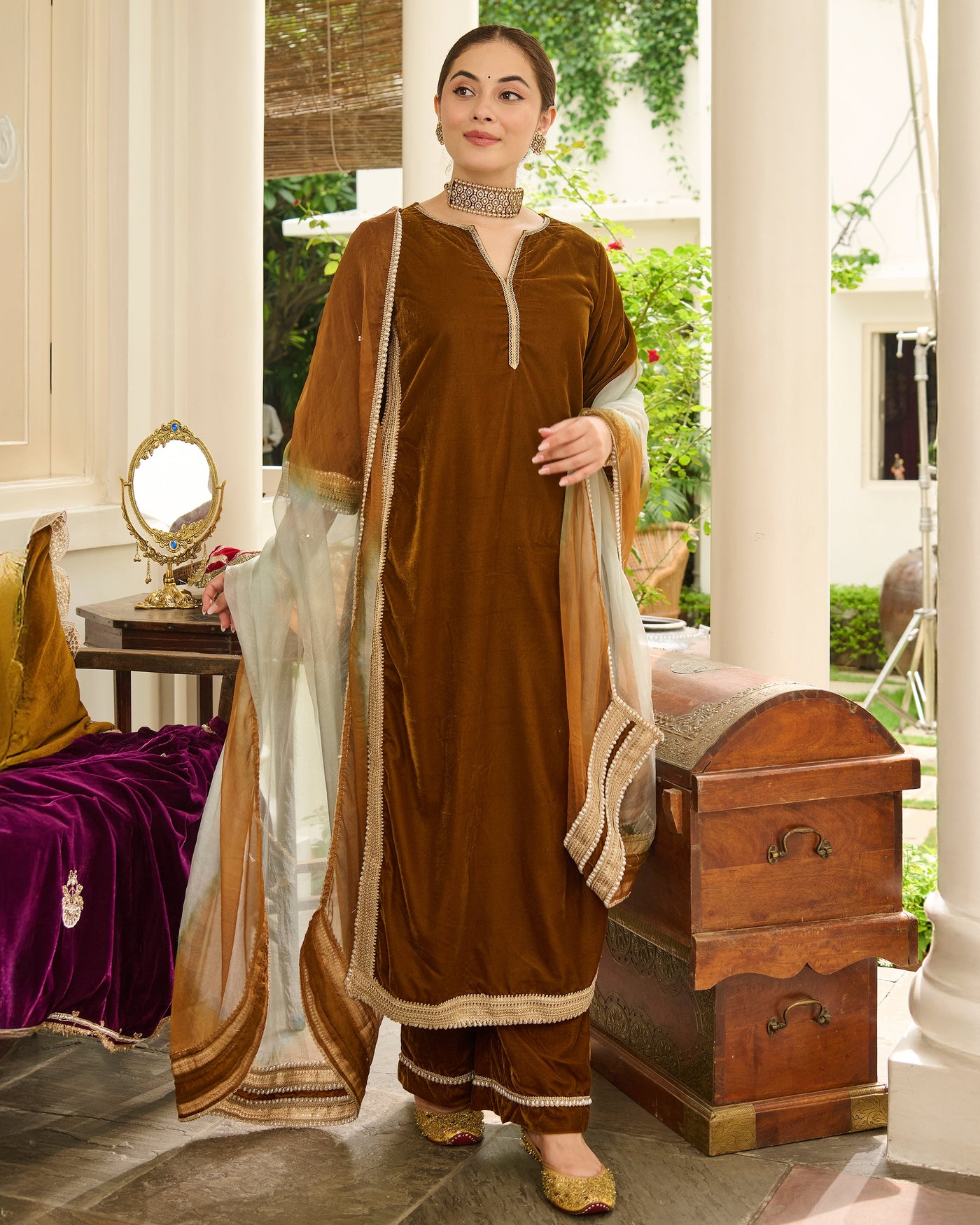 Shaili Mustard Solid Velvet Suit Set