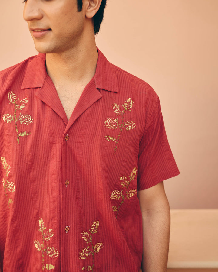 Rivo Maroon Cotton Dobby Embroidered Shirt