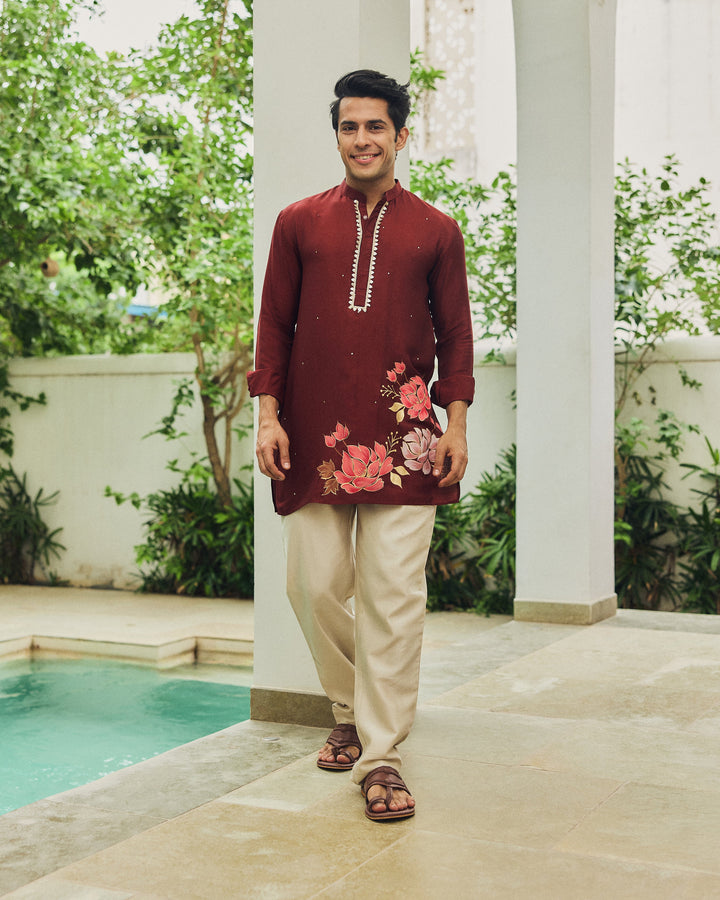 Ehran Brown Handpainted Silk Kurta