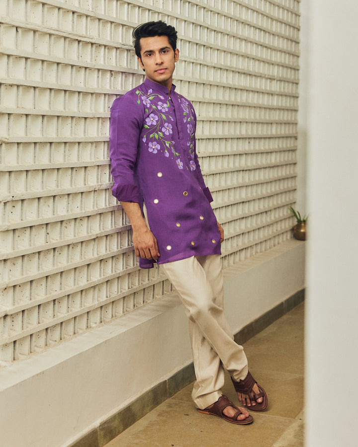 Rudvek Purple Handpainted Tabby Stripes Kurta
