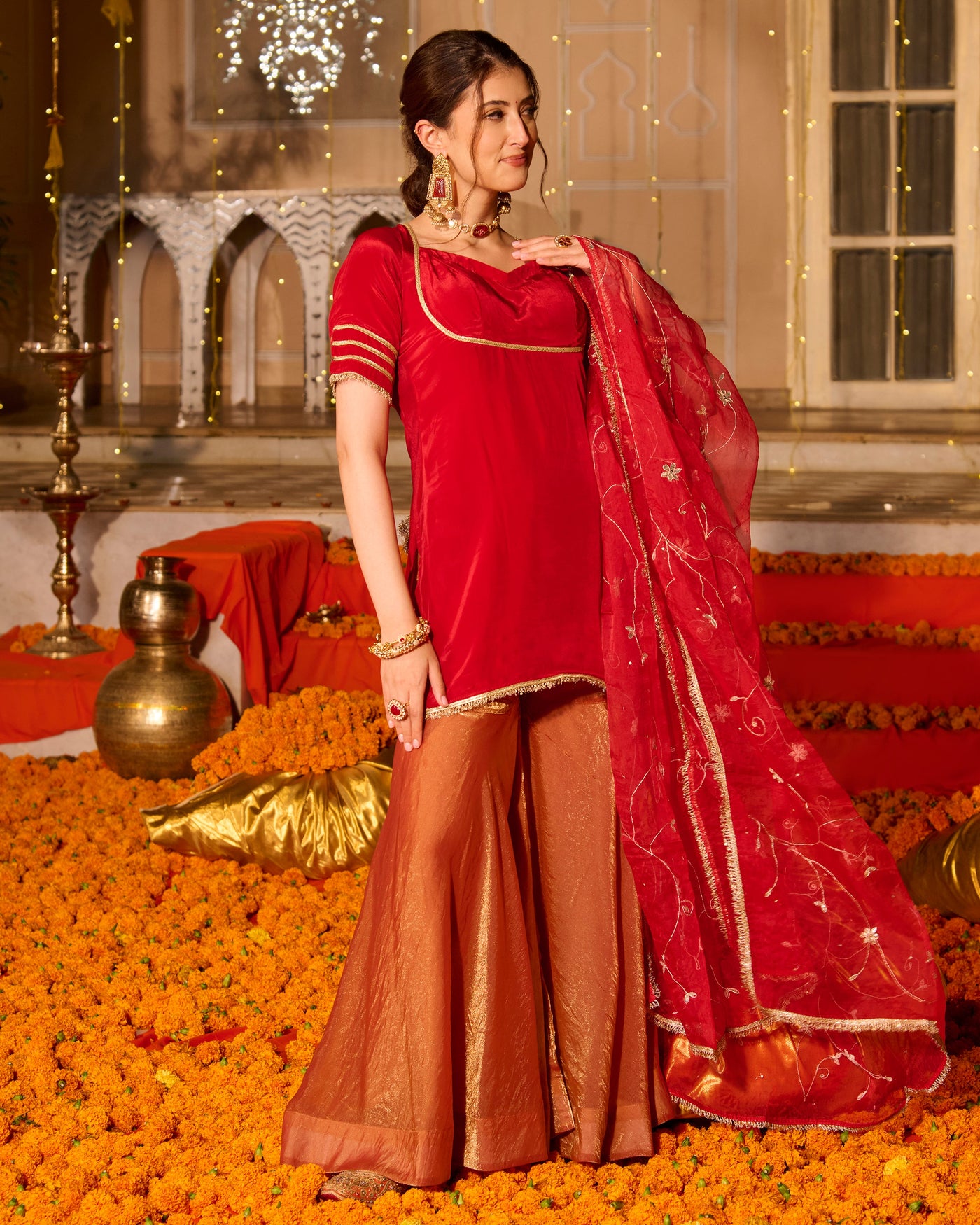 Shubhi Red Solid Satin Sharara Set