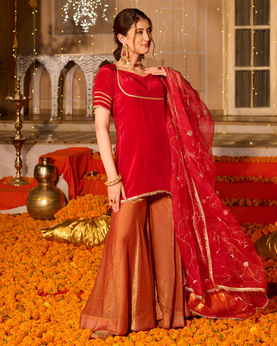 Shubhi Red Solid Satin Sharara Set