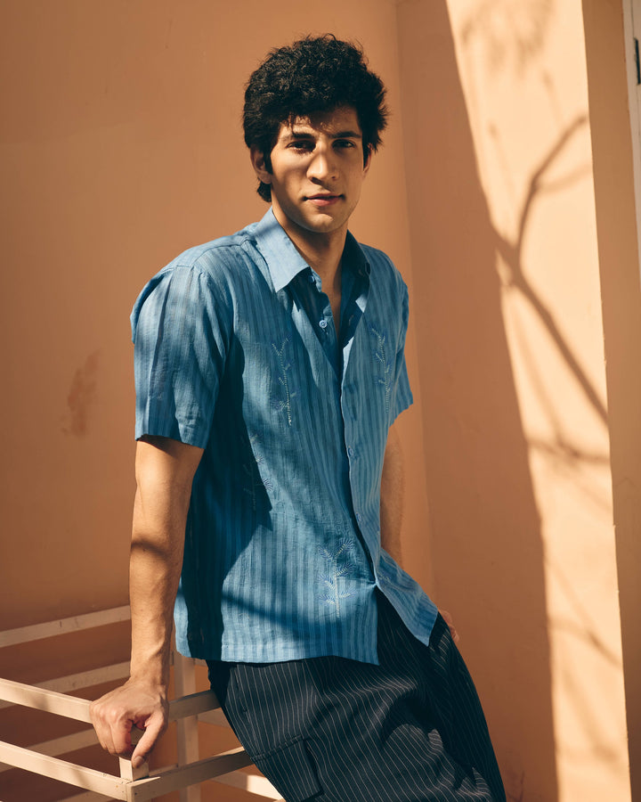 Leko Blue Cotton Dobby Embroidered Shirt