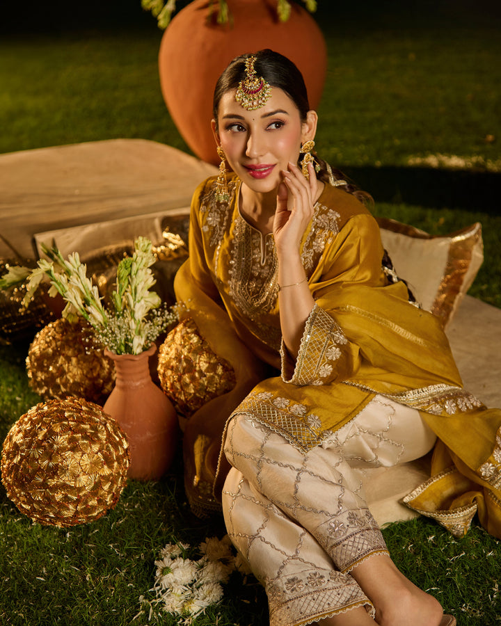 Aarvika Mustard Beige Embroidered Chanderi Suit Set