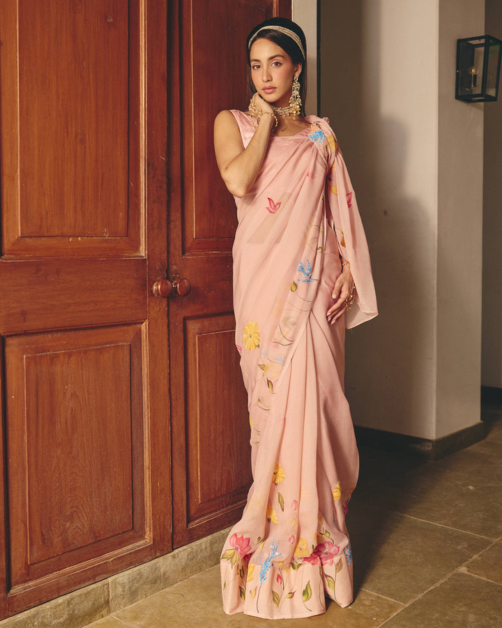 Vana Rose Pink Handpainted Chiffon Saree