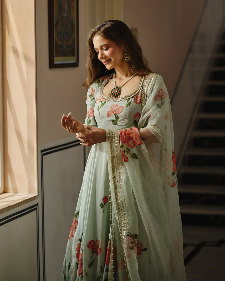 Varaz Blue Handpainted Viscose Organza Suit Set