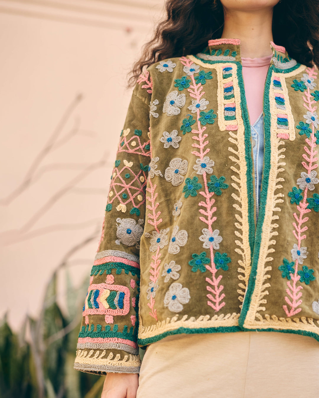 Verdora Olive Velvet Suzani Jacket