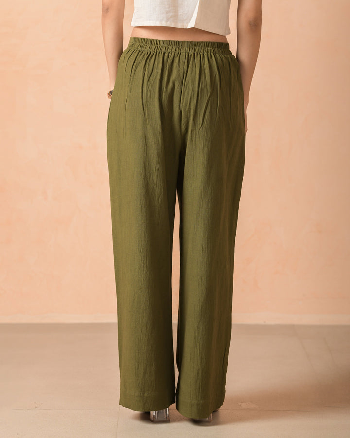 Aeris Olive Cotton Flex Solid Straight Pants