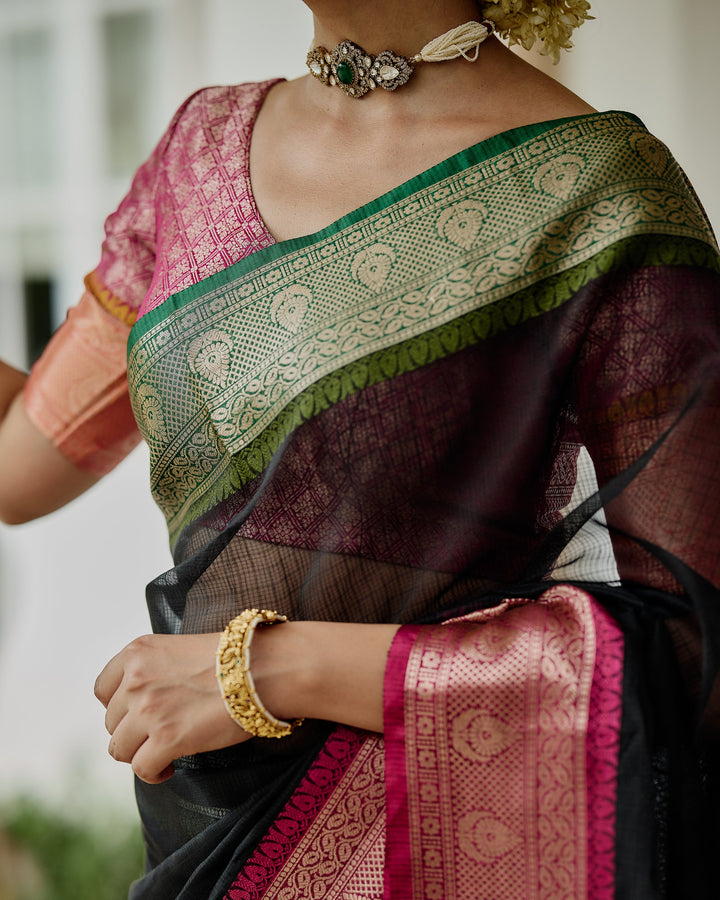 Vaibhav Black Pink Doria Butta Border Saree