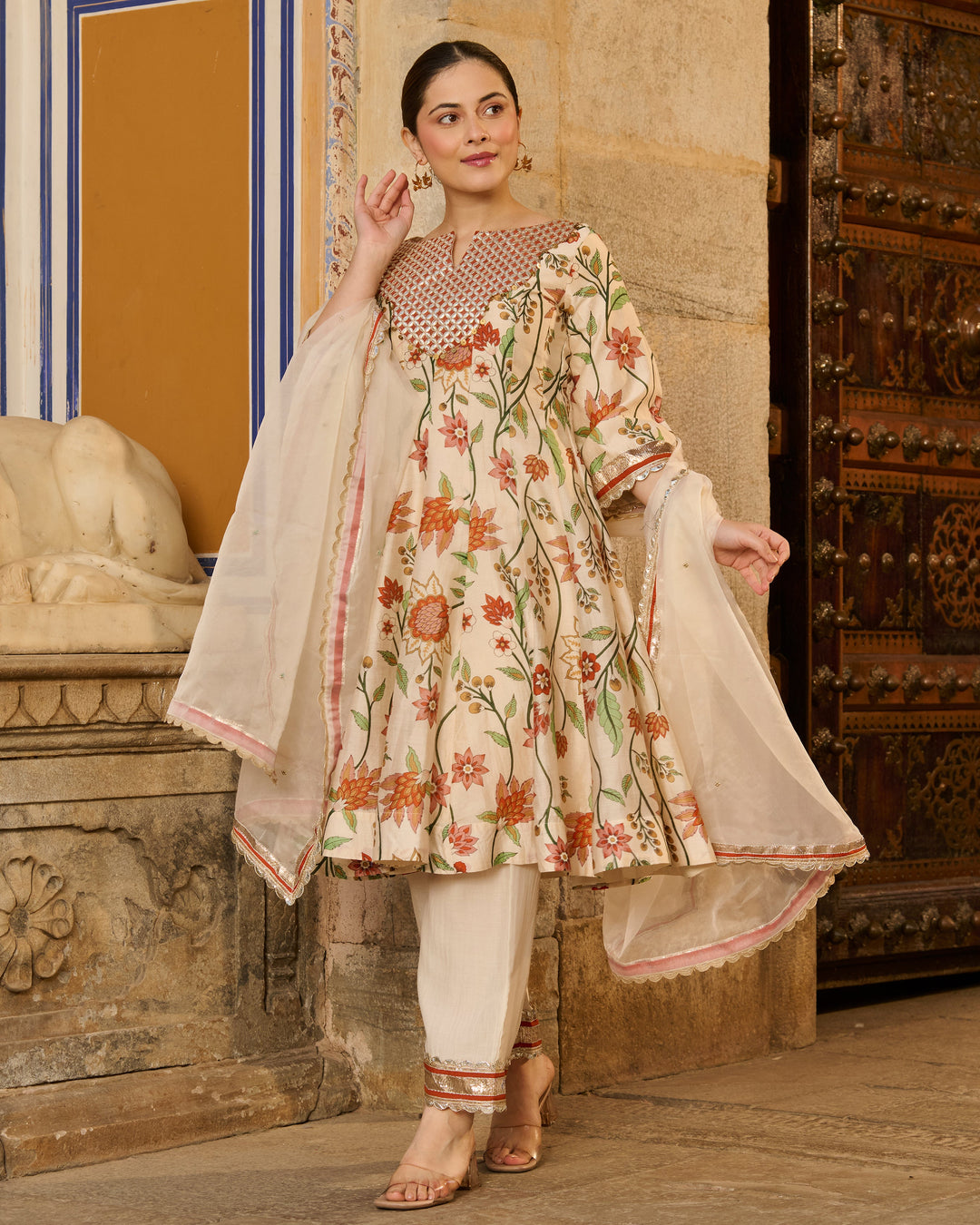 Kora Cream Printed Chanderi Suit Set