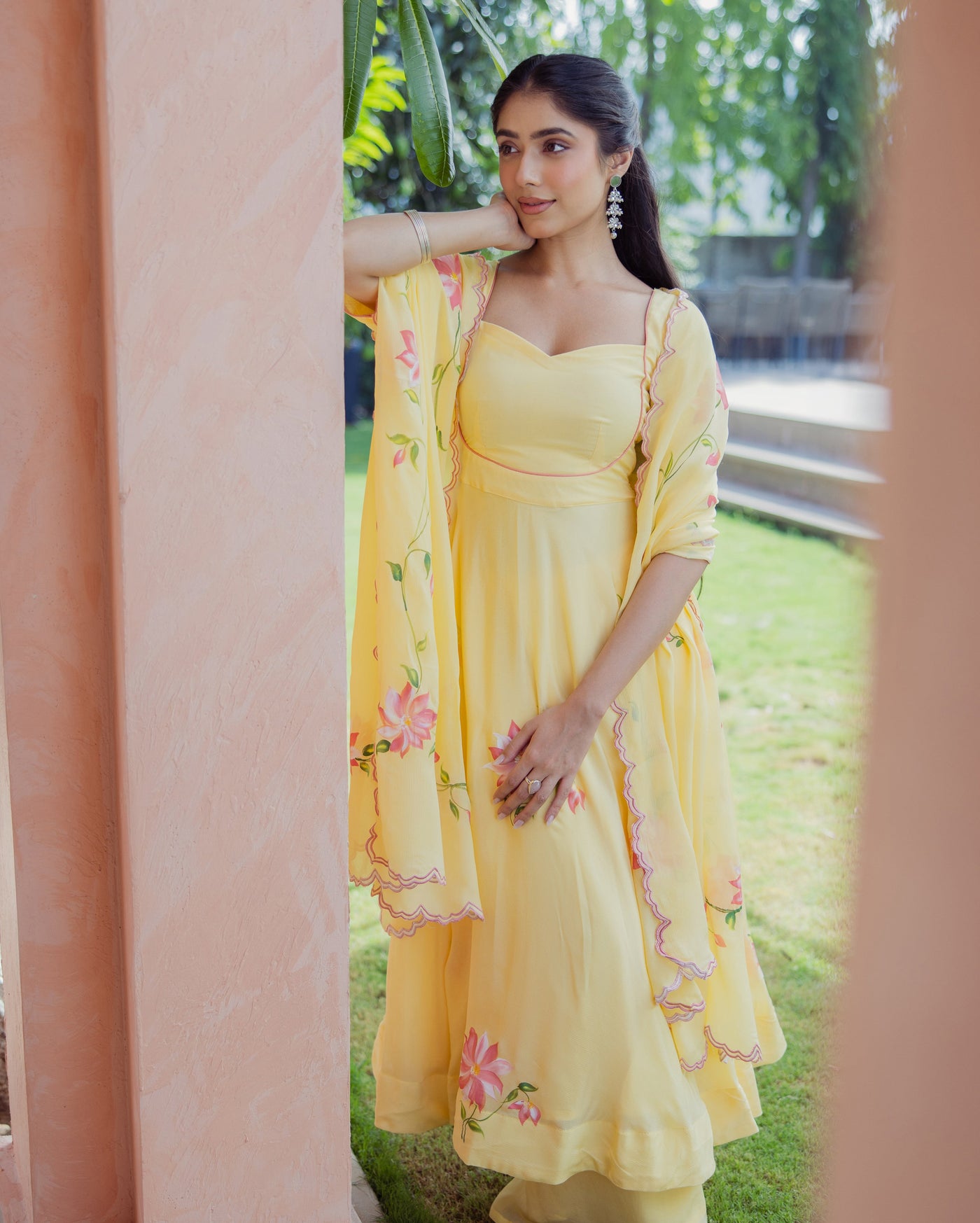 Aura Yellow Handpainted Chinon Suit Set