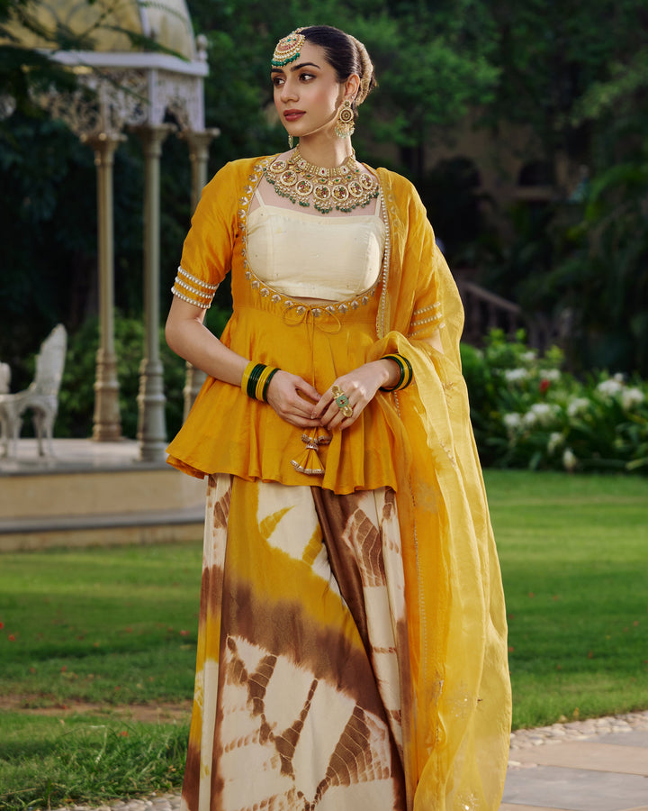 Tripura Yellow Embroidered Tie- Dye Chanderi Suit Set