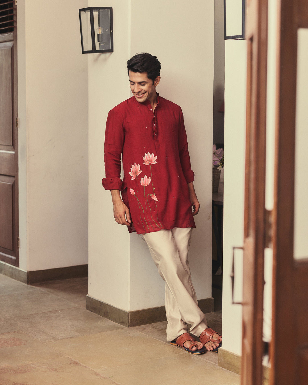 Kaevan Maroon Handpainted Tabby Checks Kurta