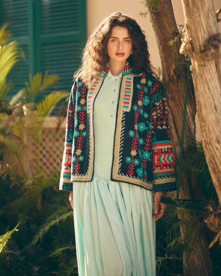 Azurelle Blue Velvet Suzani Jacket