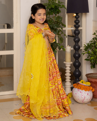 Hipsa Yellow Printed Chanderi Lehenga Set