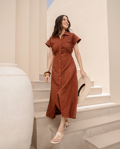 Earthy Brown Cotton Schiffli Dress