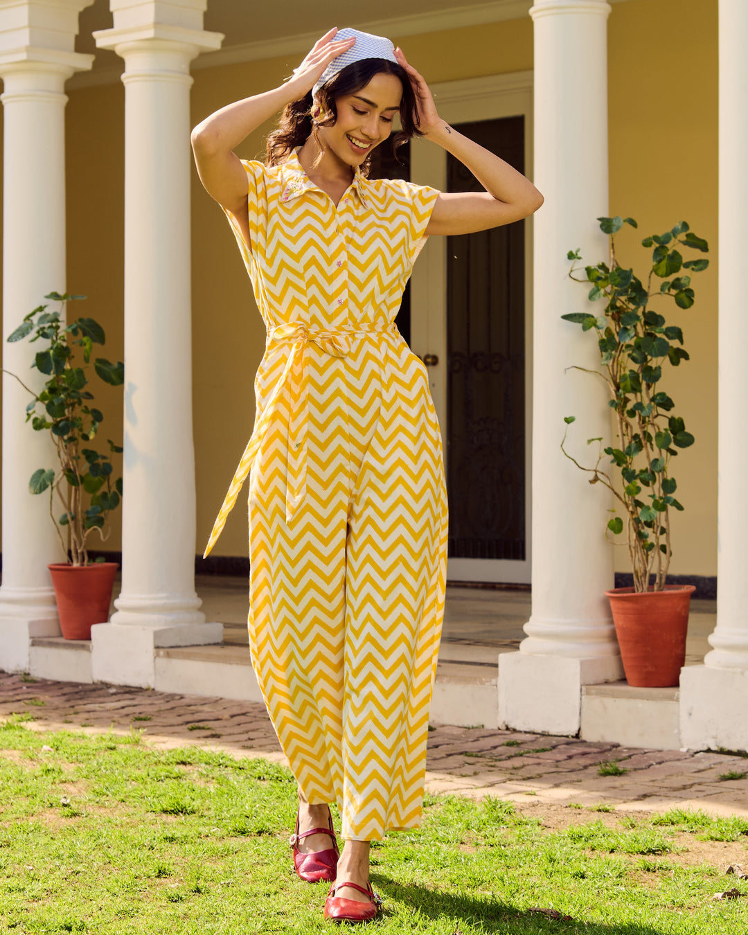 Ella Yellow Embroidered Cotton Printed Jumpsuit