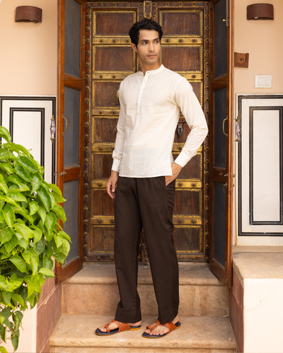 Yug Off White Solid Dobby Kurta