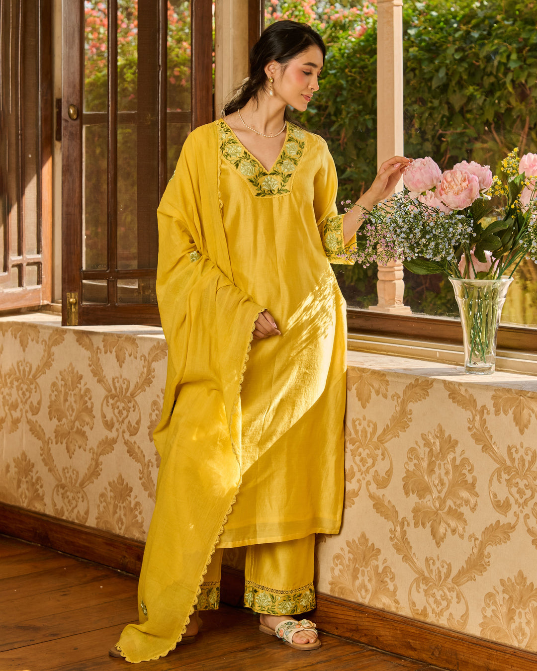 Limo Yellow Embroidered Chanderi Suit Set