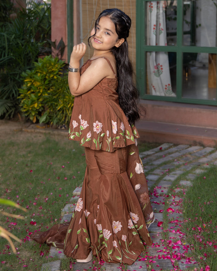 Toffee Brown Handpainted Muslin Sharara Set