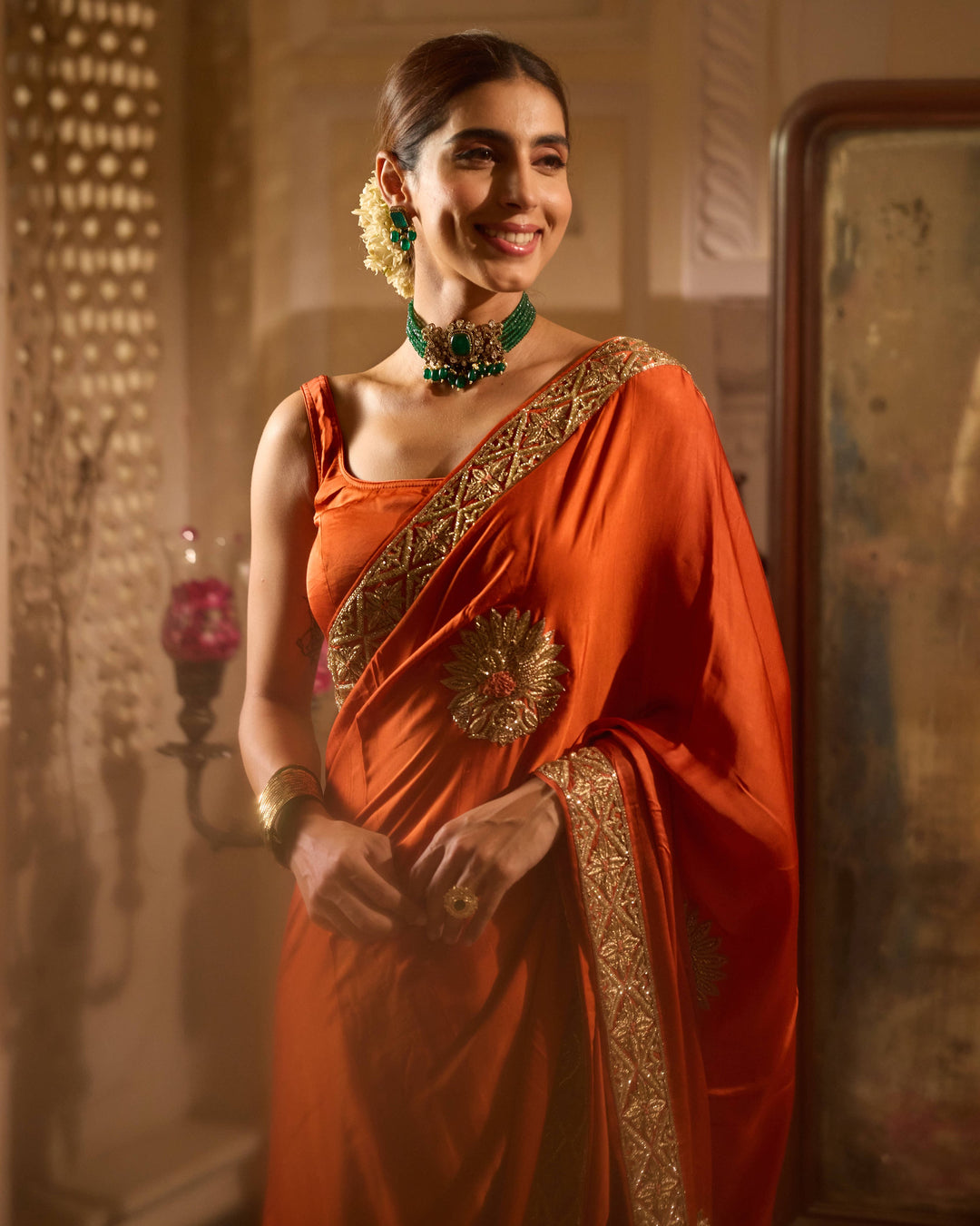 Rooh Rust Orange Handcrafted Satin Saree