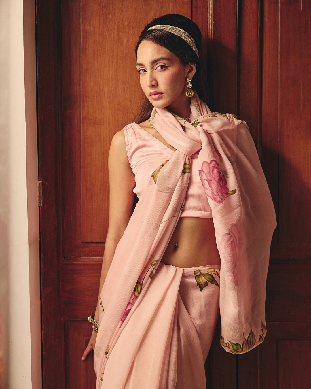 Chitra Rose Pink Handpainted Chiffon Saree