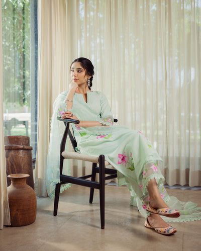 Mirage Mint Green Handpainted Chanderi Suit Set