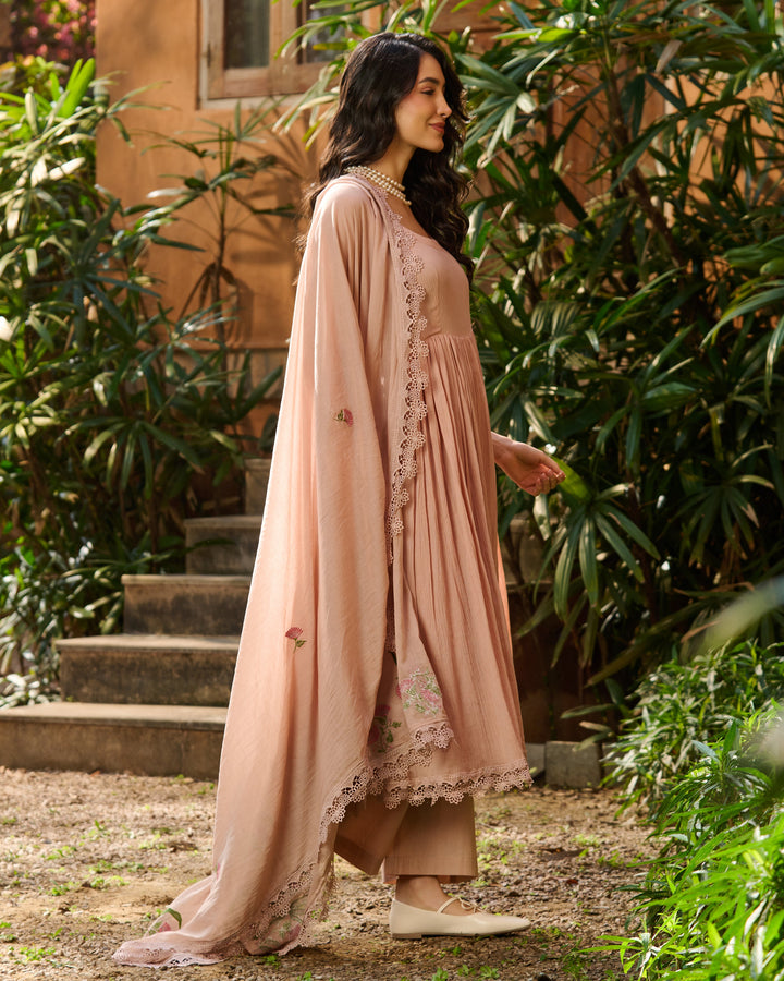 Fizz Beige Embroidered Cotton Crush Suit Set