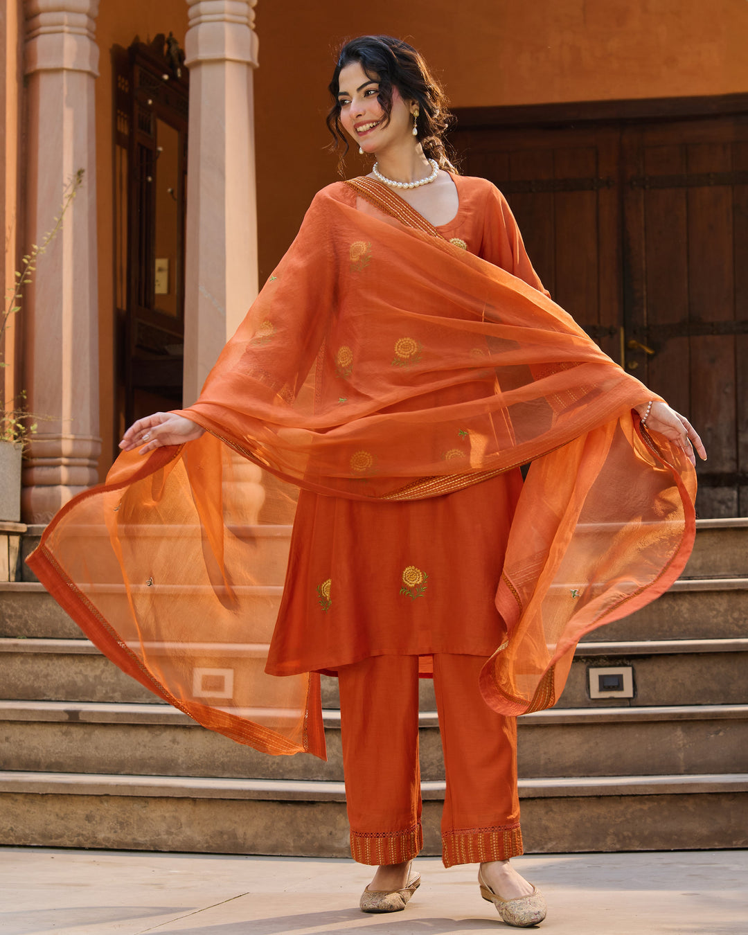 Nafees Orange Embroidered Chanderi Suit Set