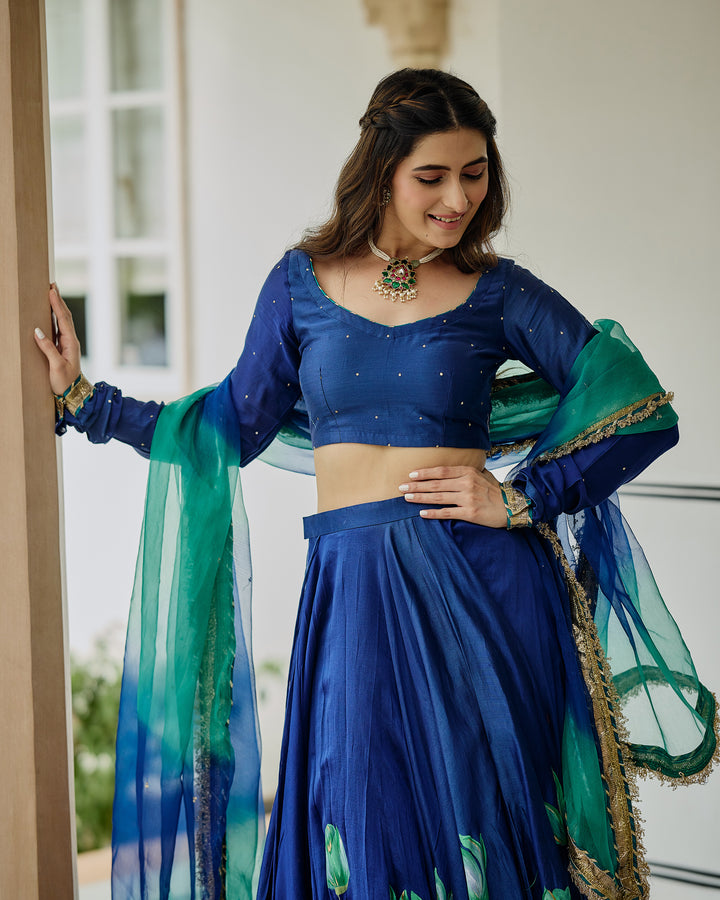 Varnesha Blue Handpainted Chanderi Lehenga Set