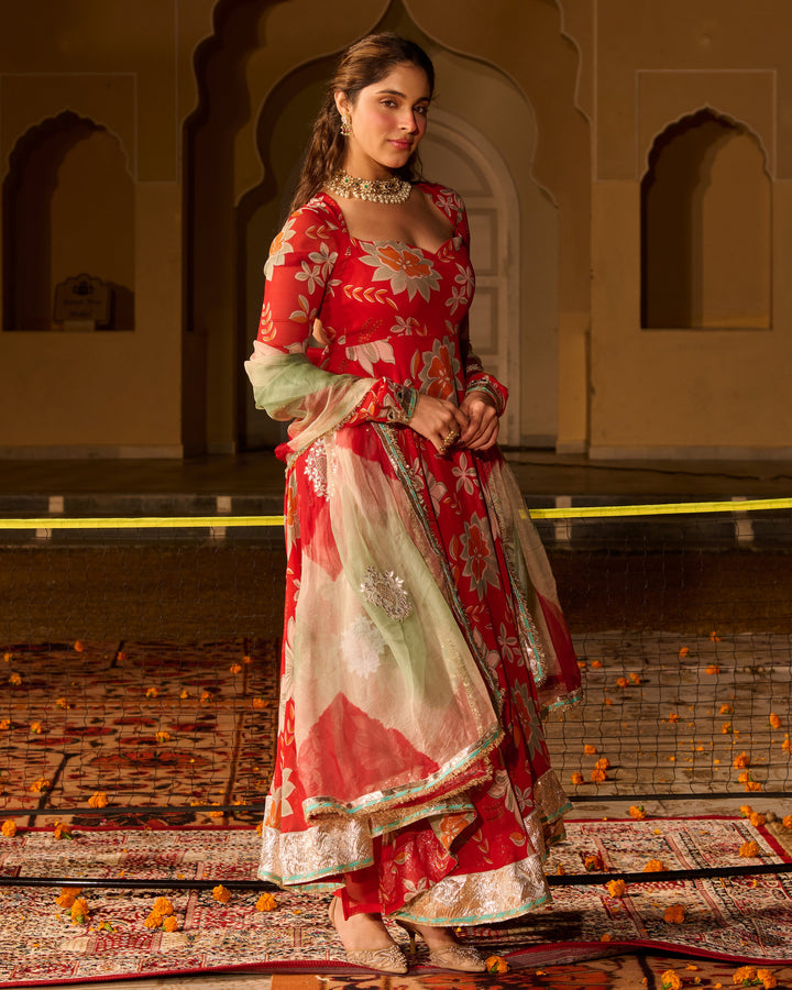Zeenat Red Printed Georgette Suit Set