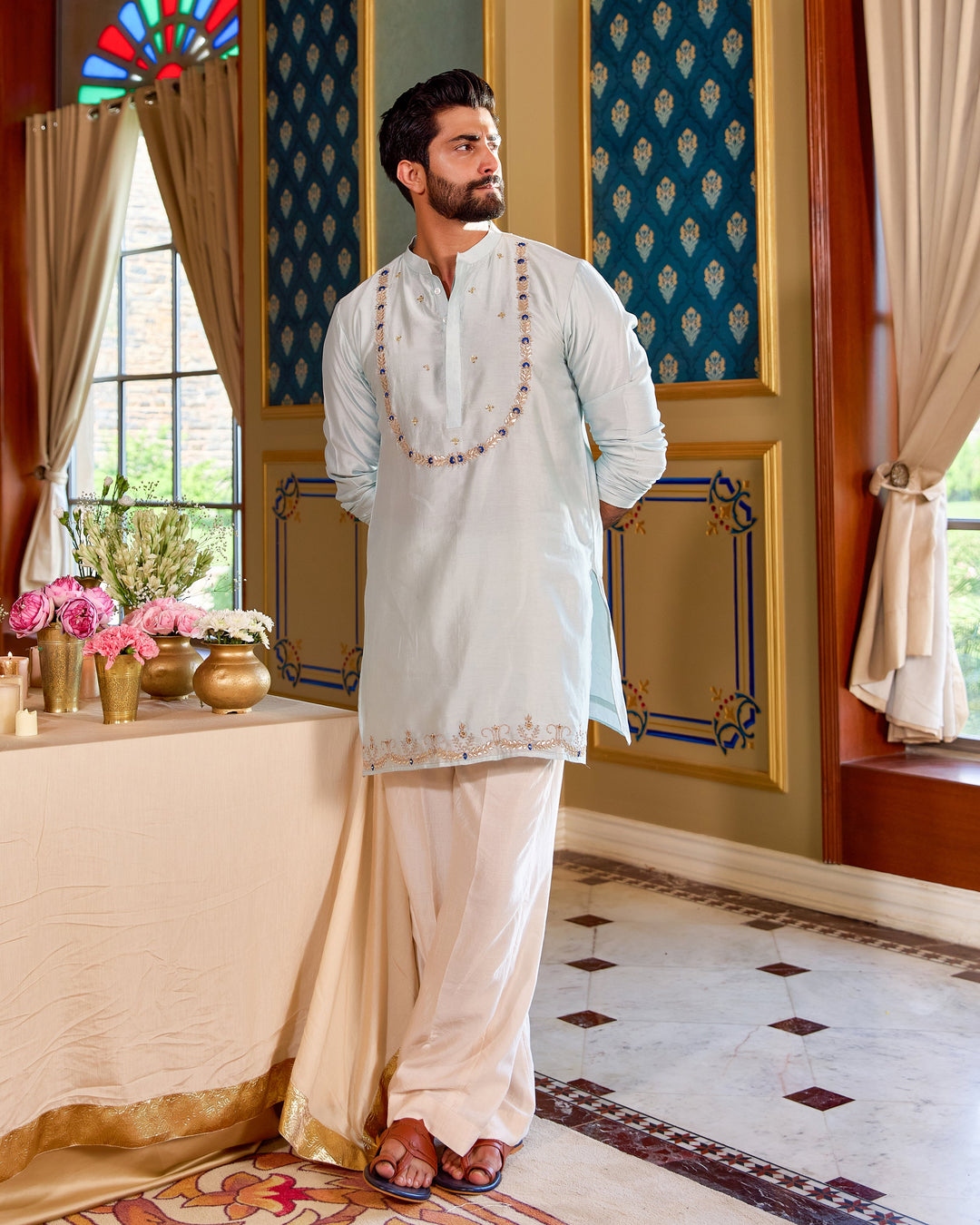 Mangal Blue Chanderi Embroidered Kurta