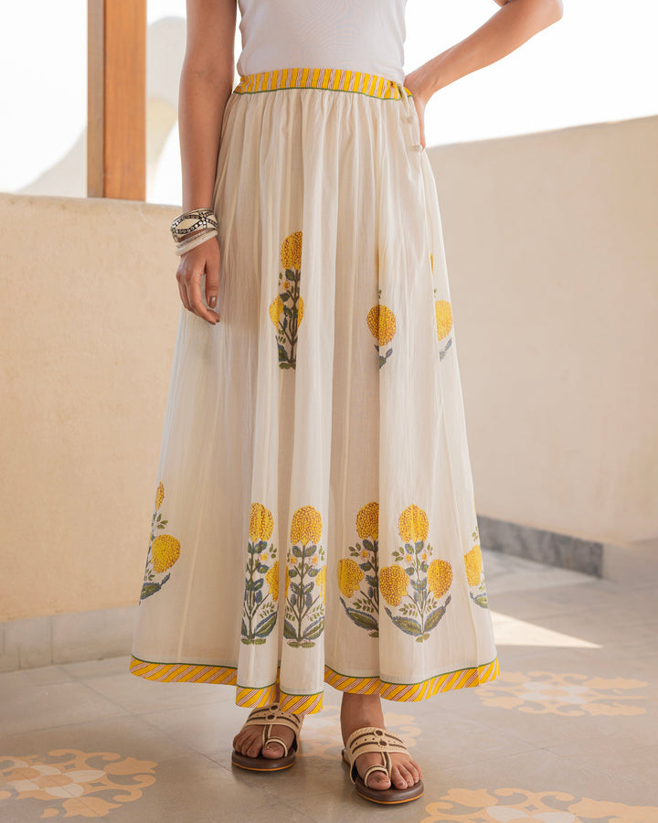 Noraya Off White Printed Cotton Skirt