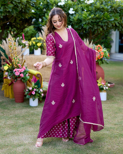 Shrishti Plum Bandhani Chanderi Suit Set