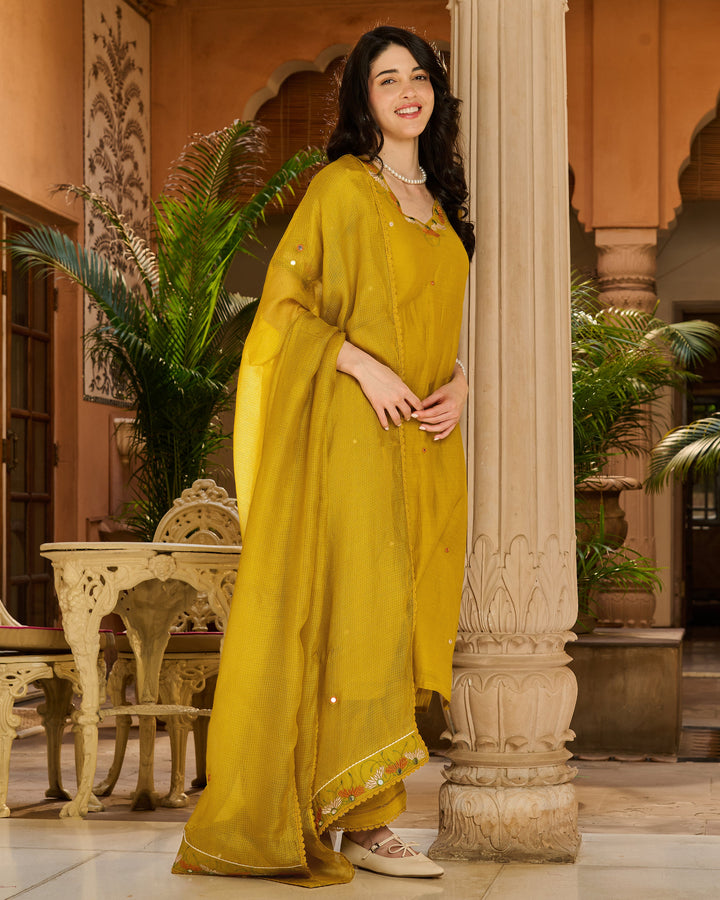 Saaz Mustard Embroidered Chanderi Suit Set